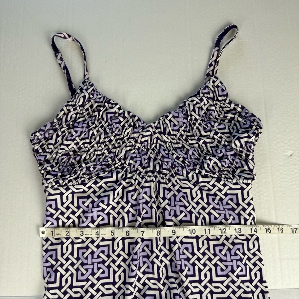 New York & Company Purple Greek Key Geometric Smocked Maxi Dress V Neck Medium - Picture 9 of 10